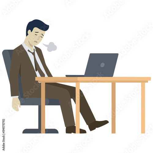 Vector illustration of a stressed and exhausted man working on a laptop at his desk.