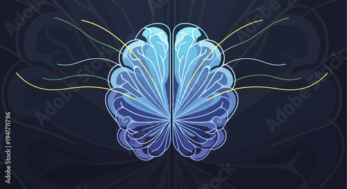 Abstract blue floral design with swirling patterns and dark background.
