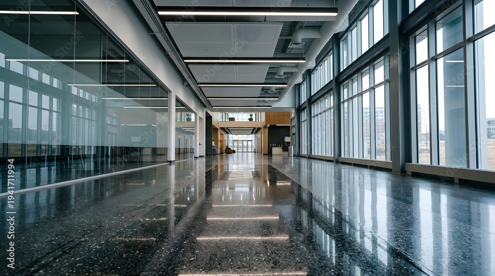 Obraz premium Modern office building corridor with glass walls and polished dark floor.