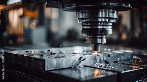 Wallpaper Mural A powerful CNC milling machine operates with intense precision, cutting through a large metal workpiece. Torontodigital.ca