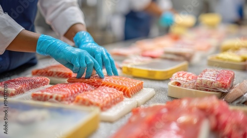 Wallpaper Mural A worker in a blue uniform and blue gloves carefully handles slices of fresh salmon on a conveyor belt. Torontodigital.ca