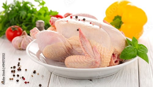 Raw chicken on white plate, surrounded by vegetables, on white wooden surface, ready for cooking