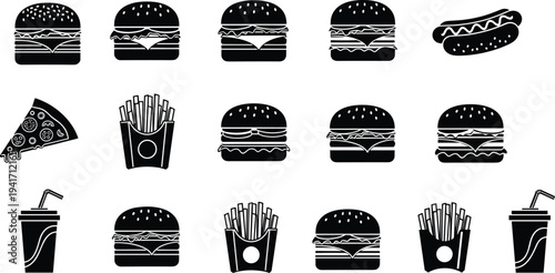 Collection of black and white icons featuring burgers hot dogs pizza fries and drinks Keywords: fast food, burger, hamburger