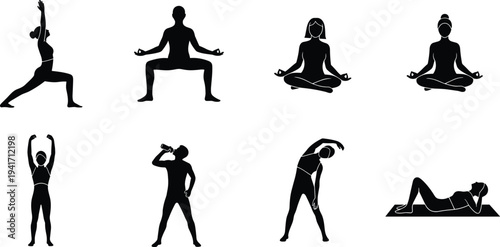 Collection of black silhouettes of people performing yoga and fitness exercises health