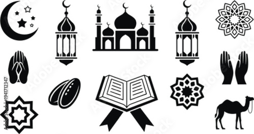 Black and white Islamic culture icon set featuring mosque lantern quran moon stars camel and praying hands for ramadan kareem and religious celebration design.