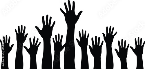 Black Silhouettes of Raised Hands on White Background arms people