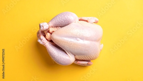 Raw chicken sits atop a bright yellow background, seen from above. Ready for cooking or preparation