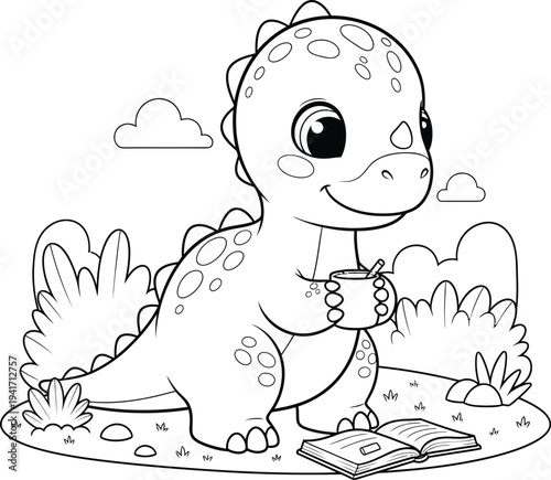 a charming cartoon dinosaur enjoys a warm beverage while reading a book in a peaceful outdoor setting high quality professional detailed