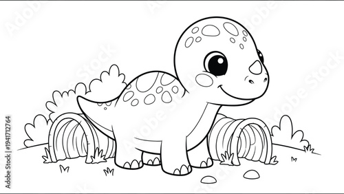 a charming black and white illustration depicts a cute baby dinosaur standing among foliage perfect for coloring pages or children s books