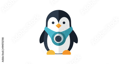 Cartoon penguin illustration with blue scarf and modern design