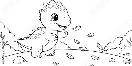 a charming black and white illustration depicts a cute baby dinosaur playing amongst falling leaves and a simple landscape high quality