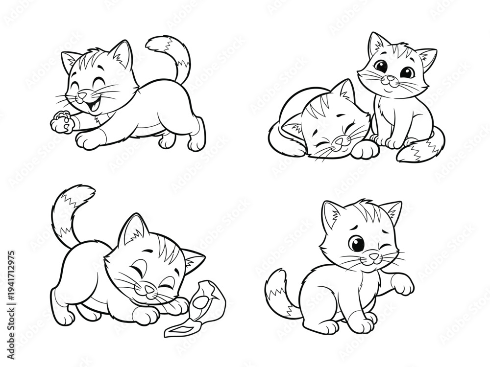 Obraz premium a delightful collection of four whimsical cartoon kittens in various playful poses outlined in black and white high quality professional detailed