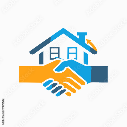 House and handshake illustration represents real estate deals and agreement