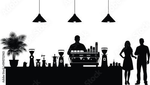 Silhouette of a coffee shop interior with baristas and customers Keywords: coffee shop, cafe, interior, silhouette, barista
