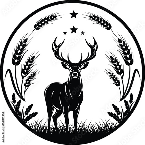 Circular Emblem of a Deer Surrounded by Wheat Stalks and Stars on White Background stag buck