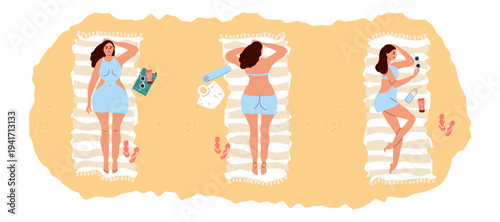 Summer beach lifestyle set. Young woman relaxing on sandy beach lying on striped blanket. Various sunbathing poses. Flat vector illustrations for summer vacation, travel advertising, beach resort.
