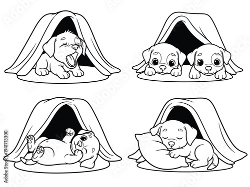 a charming black and white illustration depicts four playful puppies hiding under cozy draped blankets creating a delightful scene high quality