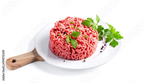 Raw ground meat formed like a small cake, with parsley and peppercorns, sits on a plate with a wood cutting board