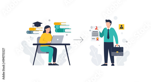 Education to Career Path Illustration: Online Learning, Graduation, Certification, and Job Placement Success Concept