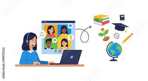 Online Learning Vector Illustration: Woman Teacher on Laptop Video Call Connecting to Students and Educational Concepts via Virtual Classroom