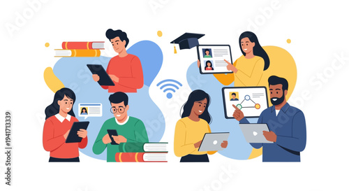 Online Education Platform: Diverse Students Using Devices for E-Learning, Remote Study, and Digital Collaboration via Wi-Fi