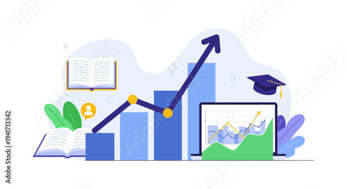 Education and Financial Growth Concept. Bar Chart with Rising Arrow, Books, and Graduation Cap Representing Learning Success and Data Analysis