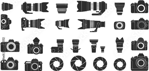 Collection of black silhouette camera lenses and DSLR cameras on white background Keywords: camera, lens, DSLR