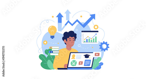 Digital Learning and Business Growth Success. E-learning student studying online for skill development, data analysis, and creative idea generation.