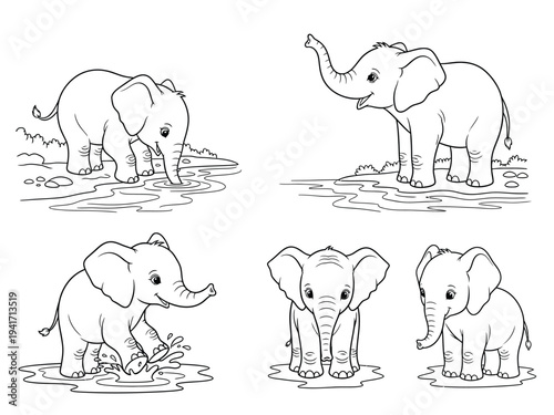 a delightful black and white illustration depicts several baby elephants playfully interacting in a watery environment creating a charming scene