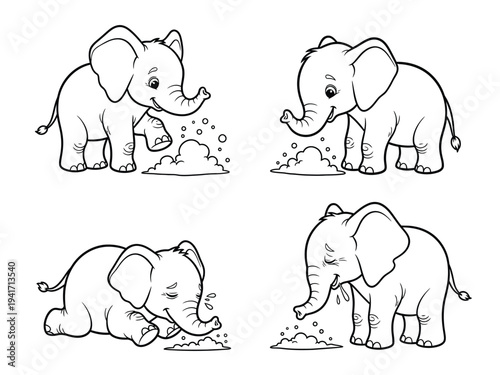 Charming black and white illustration depicts four adorable baby elephants playfully interacting with piles of peanuts creating a delightful scene