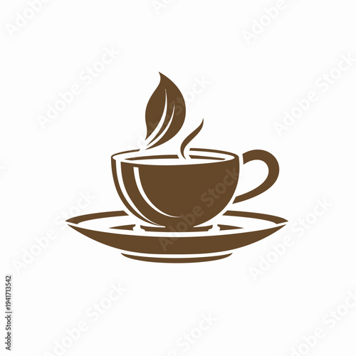 Elegant coffee cup and saucer icon with leaf and steam detail vector illustration