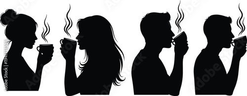 Silhouette profiles of four people drinking hot beverages with steam coffee