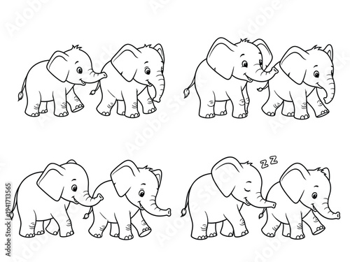 A charming black and white illustration depicts six adorable baby elephants in playful poses showcasing their endearing nature and innocence