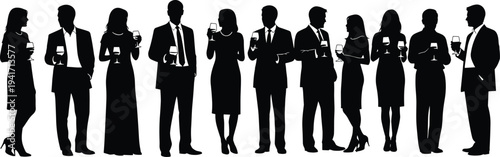Silhouettes of men and women in formal attire holding wine glasses at a party group people