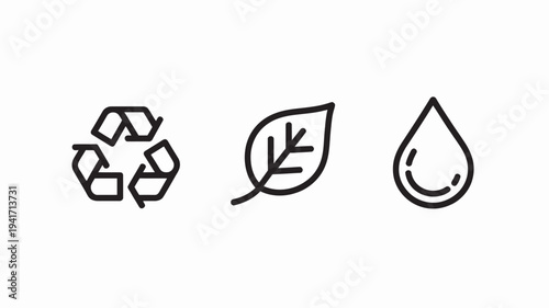 A simple line drawing of eco-friendly symbols including recycling, leaf, and water drop on a white background