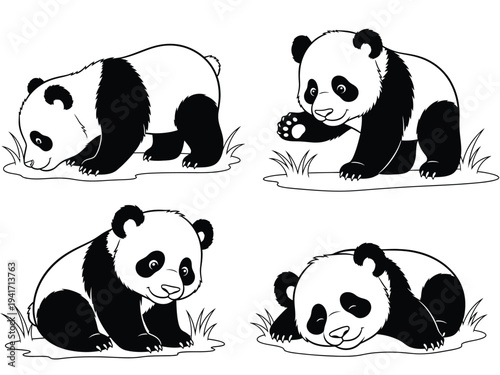 A charming quartet of black and white panda bears depicted in various relaxed poses showcasing their endearing nature high quality professional