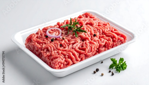 Raw ground meat in a white tray garnished with herbs, onion and peppercorns on a bright white background