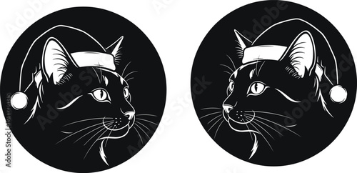 Two black cat heads wearing Santa hats in circular frames on a white background cats feline