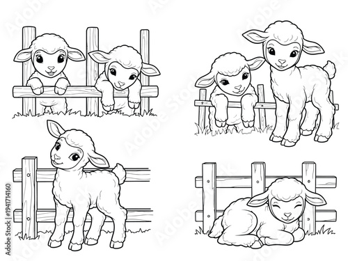 A charming illustration depicts four adorable lambs playfully interacting with a wooden fence showcasing a peaceful farm scene and youthful innocence