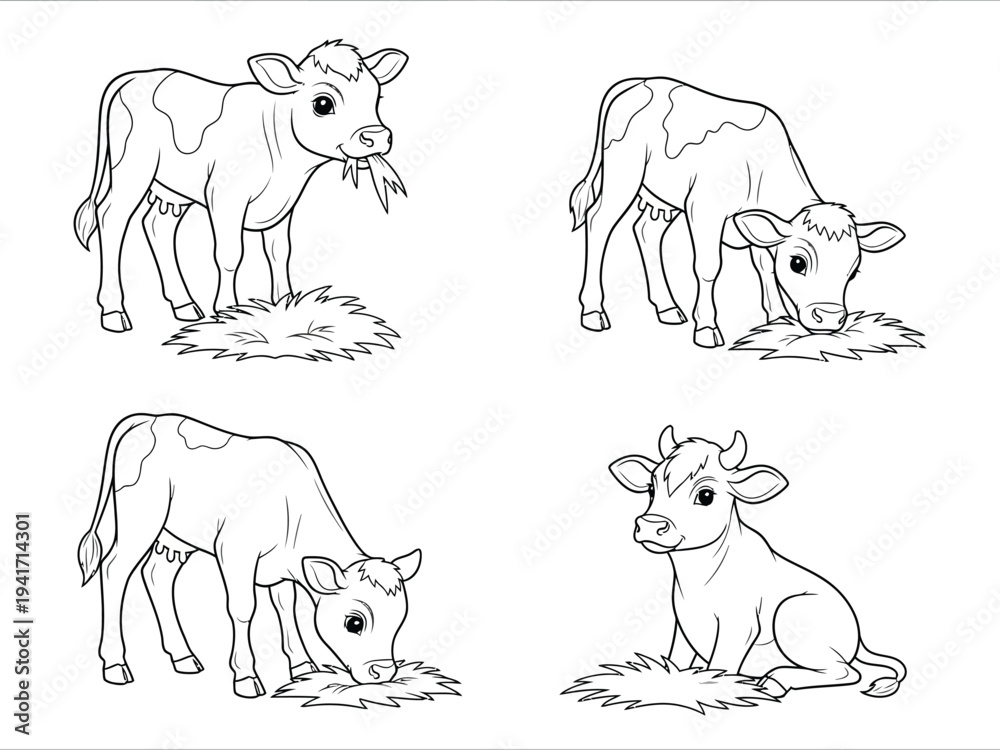 Obraz premium A charming illustration depicts four adorable young cows grazing peacefully in a field creating a delightful farm scene high quality professional
