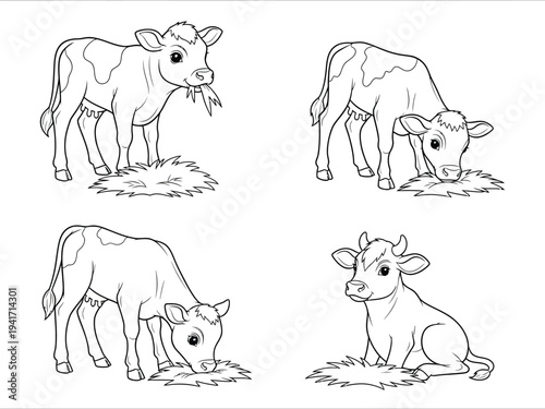 A charming illustration depicts four adorable young cows grazing peacefully in a field creating a delightful farm scene high quality professional