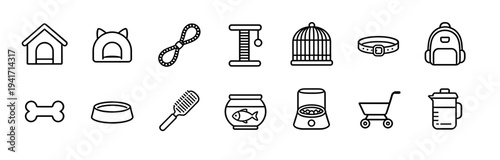 Set of pet care supplies and animal accessories outline icons, essential items for dog and cat grooming, housing and feeding equipment for domestic animal lifestyle design