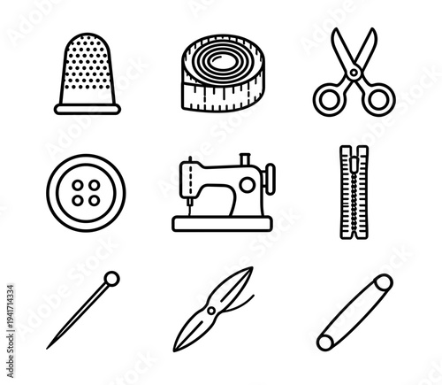 Set of sewing and tailoring equipment outline icons, dressmaking tools and hobby craft supplies for fashion design and fabric construction project graphic illustrations