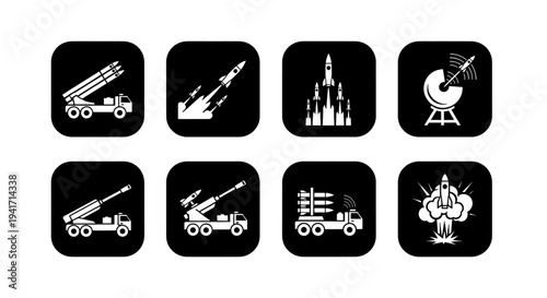 Military Defense Icons Set with Rockets and Satellite Dish