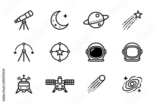 Set of outer space and astronomy science icons, collection of cosmic elements and celestial bodies for planet exploration and aerospace technology graphic design projects