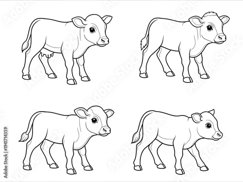 a simple black and white illustration depicts four young cattle seemingly calves in various standing poses against a plain background