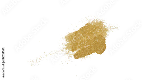 Golden glitter splatter on a clean white background creating an abstract form