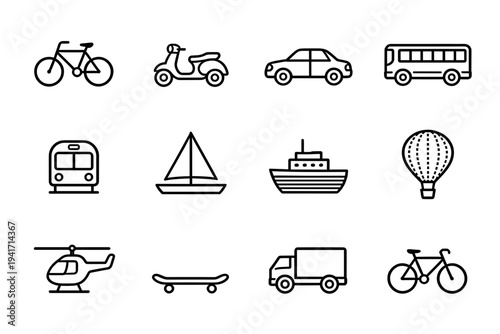 Set of linear transportation icons including various vehicles for travel and logistics isolated on white background for web and graphic design projects