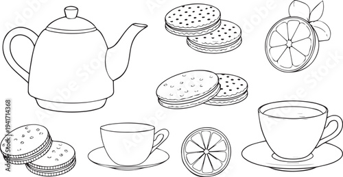 Set of 8 tea and biscuit icons vector