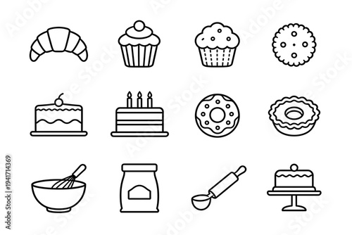 Collection of bakery and pastry line icons featuring cakes sweets and baking tools for professional culinary and kitchen menu design elements